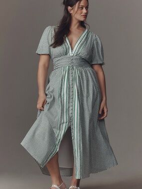 Anthropologie Katerina Green and White Printed V-Neck Maxi Dress
